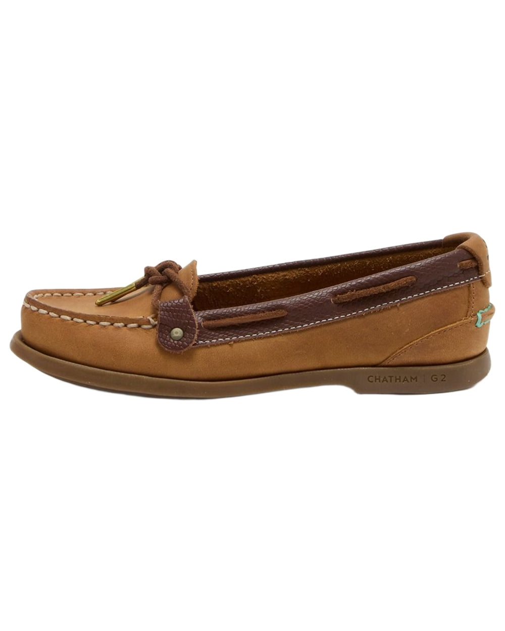 Walnut Brown Snake coloured Chatham Womens Rota G2 Nubuck Slip On Boat Shoes on white background 