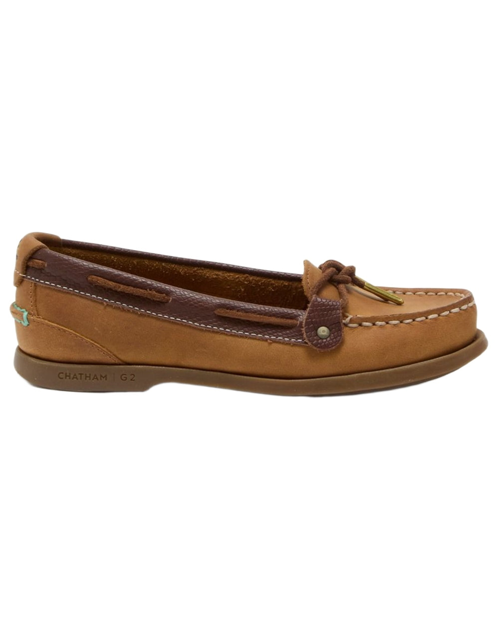 Walnut Brown Snake coloured Chatham Womens Rota G2 Nubuck Slip On Boat Shoes on white background 