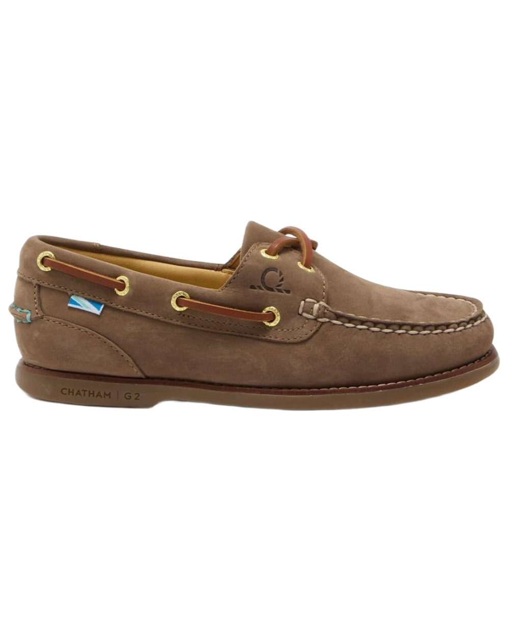 Fossil coloured Chatham Mens Lyme G2 Premium Nubuck Boat Shoes on white background 
