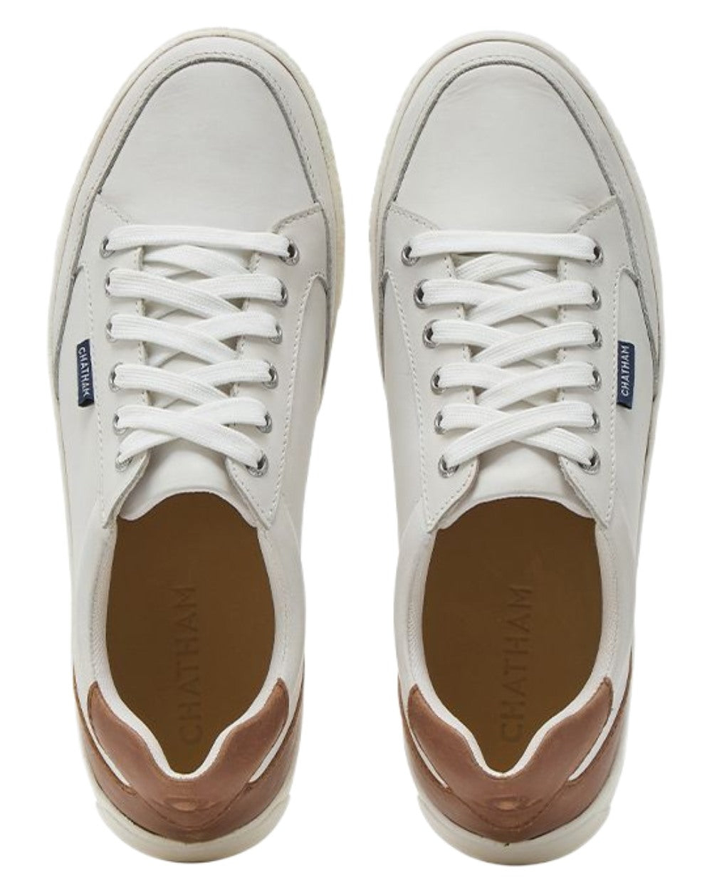 White Tan Chatham Womens Fingle Court Style Trainer Shoes on white background 
