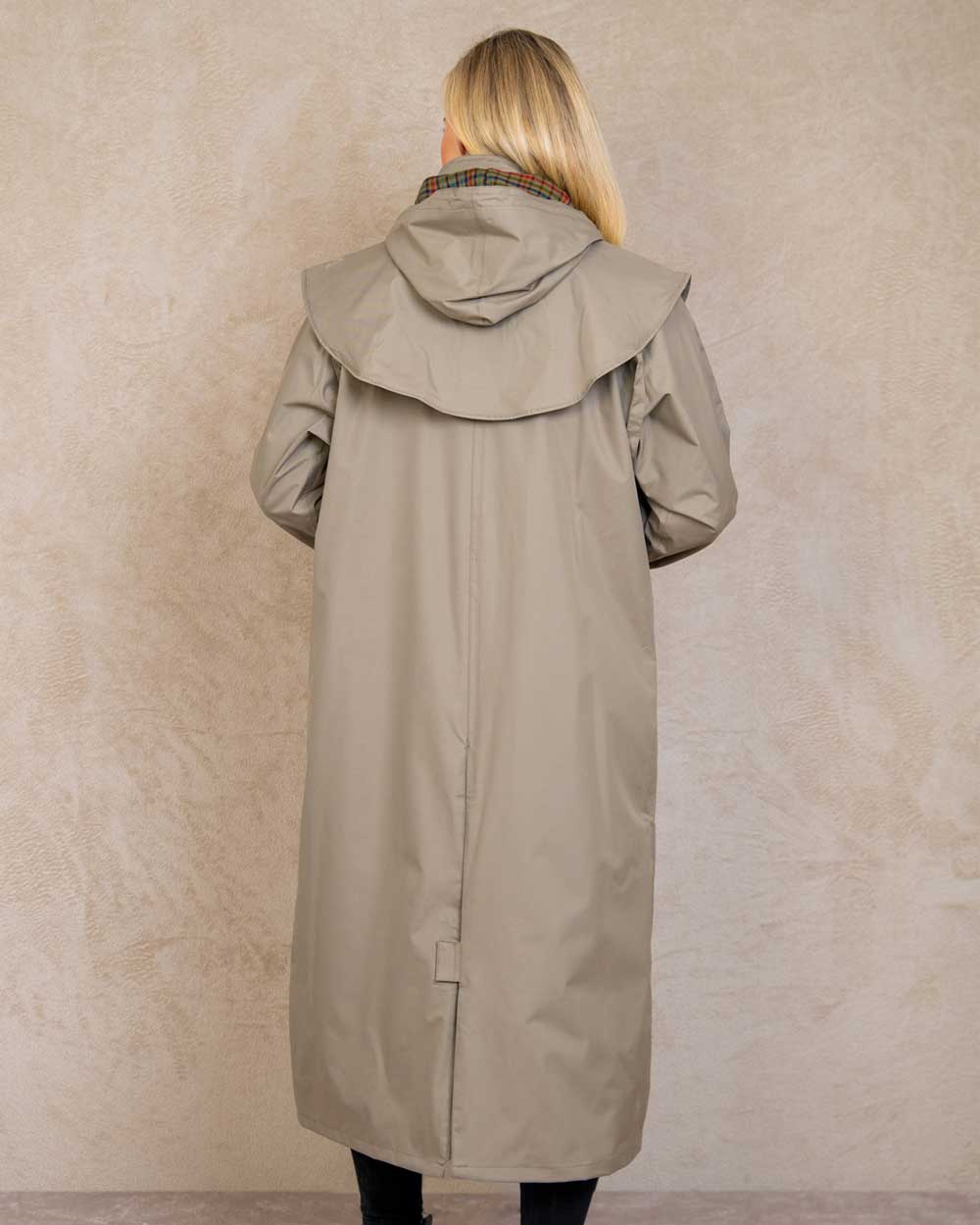 Chinchilla coloured Jack Murphy Malvern Ladies Waterproof Bush Coat on wall background 