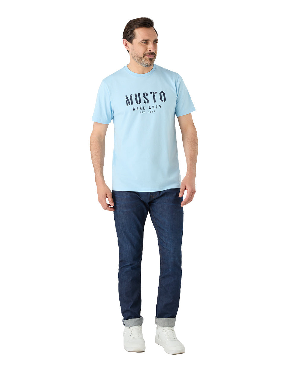 Clear Sky Coloured Musto Mens Classic Short Sleeve T-Shirt On A White Background 