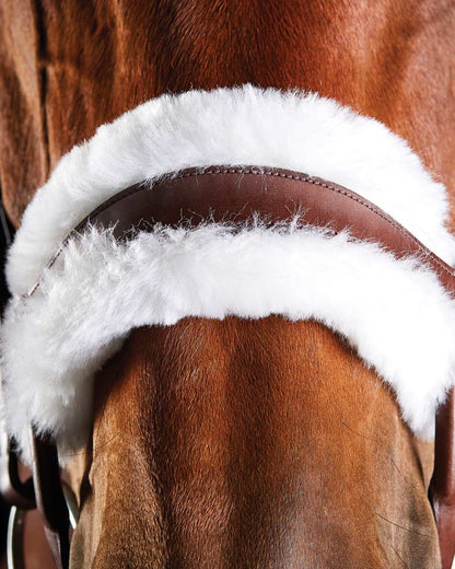 Brown coloured Collegiate Comfitec Sheepskin Bridle on black background 