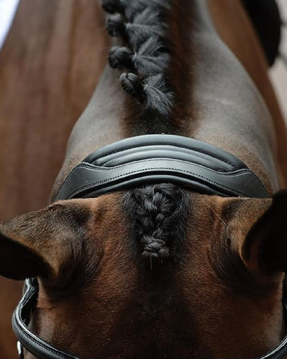 Black coloured Collegiate Comfitec Vogue Anatomical Bridle on blurry background 