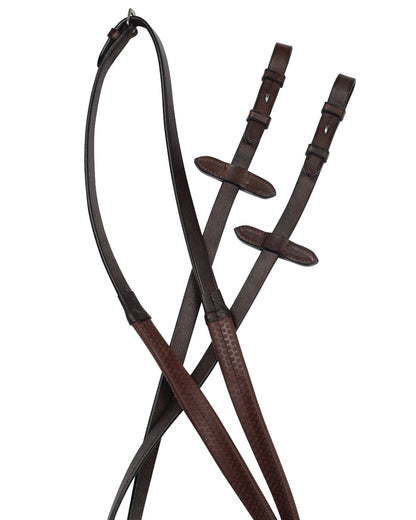 Brown coloured Collegiate Flexi Grip Reins IV on white background 