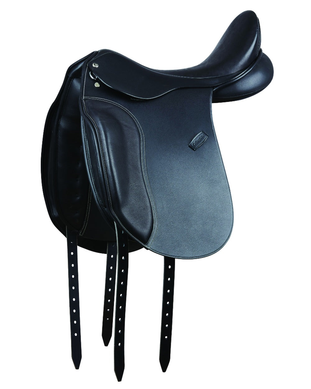 Black coloured Collegiate Lectern Dressage Saddle on white background 