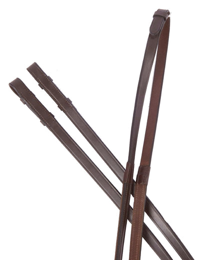 Brown coloured Collegiate One Sided Rubber Reins IV on white background 