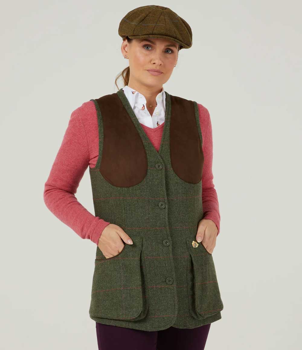 Scoop pockets Alan Paine Combrook Ladies Tweed Shooting Waistcoat in Heath 