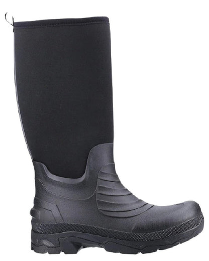 Black coloured Cotswold Kenwood Wellingtons on white background 