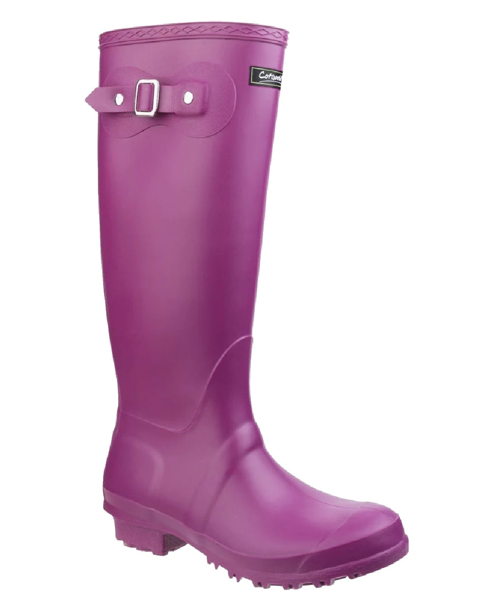 Berry coloured Cotswold Sandringham Buckle Strap Wellingtons on white background 