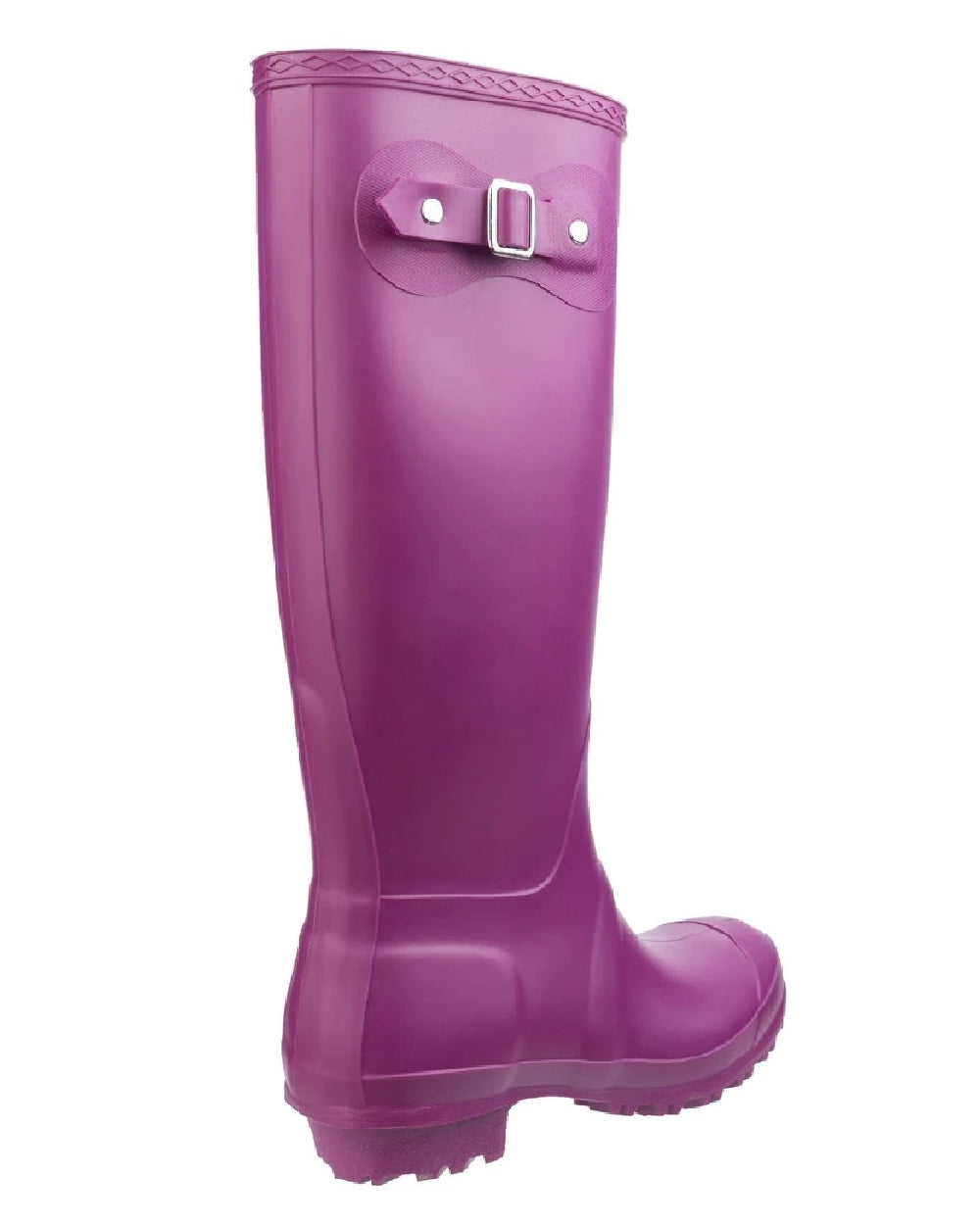 Berry coloured Cotswold Sandringham Buckle Strap Wellingtons on white background 