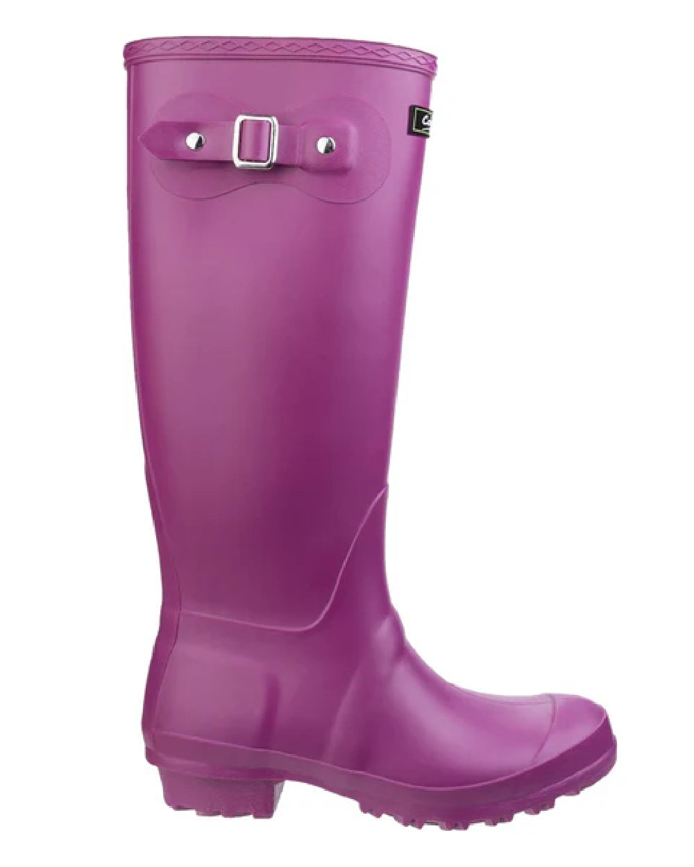 Berry coloured Cotswold Sandringham Buckle Strap Wellingtons on white background 