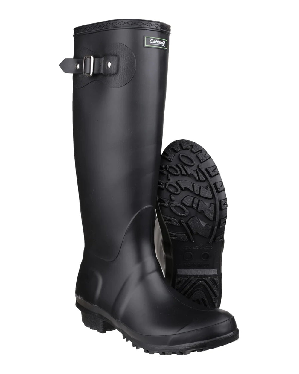 Black coloured Cotswold Sandringham Buckle Strap Wellingtons on white background 