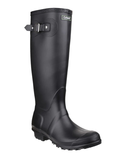 Black coloured Cotswold Sandringham Buckle Strap Wellingtons on white background 