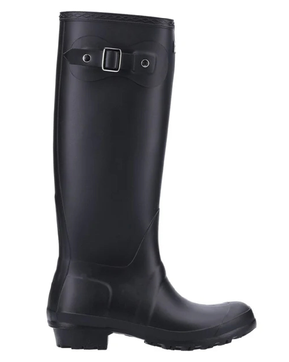 Black coloured Cotswold Sandringham Buckle Strap Wellingtons on white background 