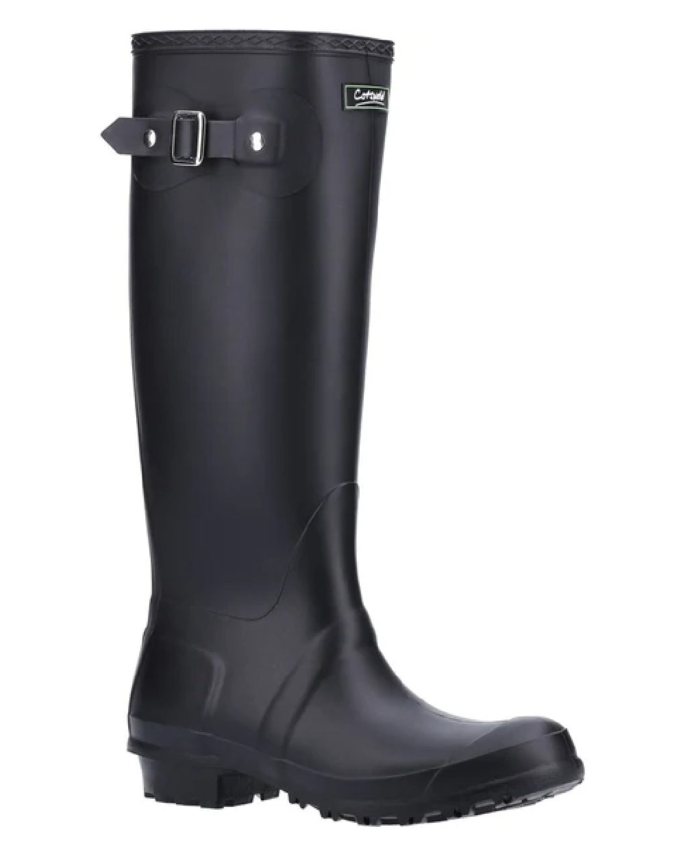 Black coloured Cotswold Sandringham Buckle Strap Wellingtons on white background 