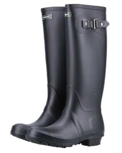 Black coloured Cotswold Sandringham Buckle Strap Wellingtons on white background 