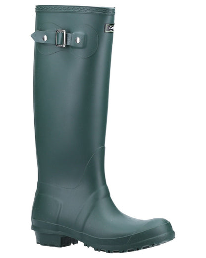 Green coloured Cotswold Sandringham Buckle Strap Wellingtons on white background 