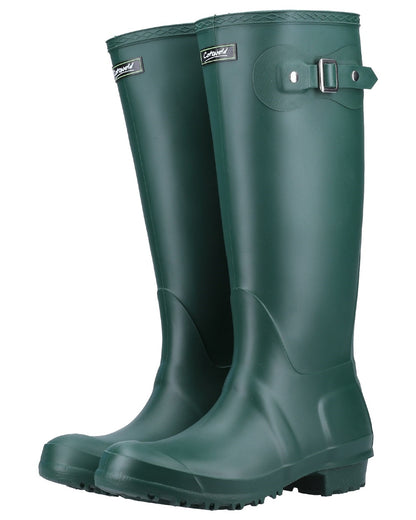 Green coloured Cotswold Sandringham Buckle Strap Wellingtons on white background 