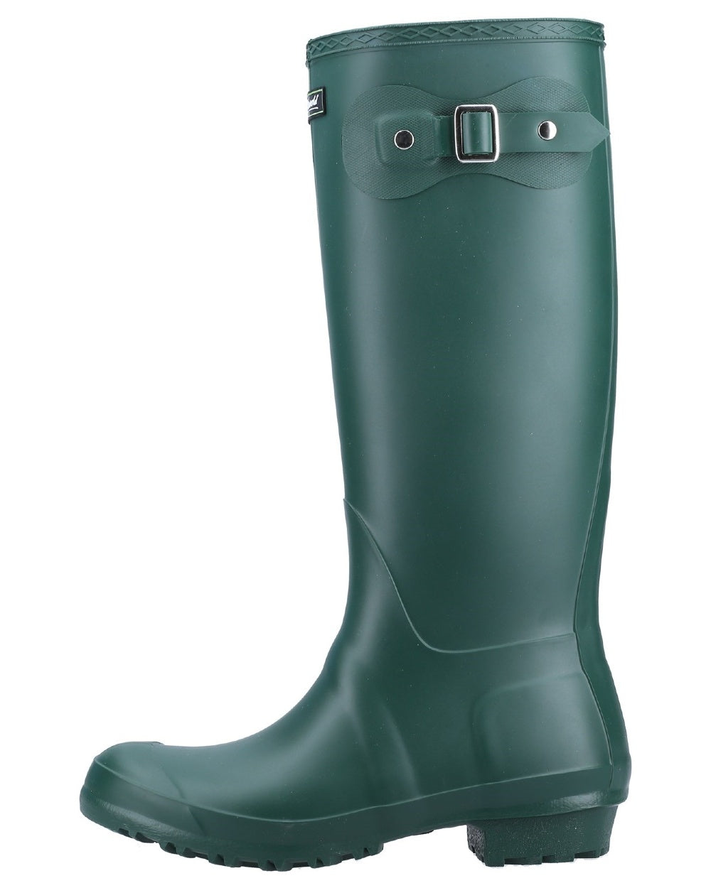 Green coloured Cotswold Sandringham Buckle Strap Wellingtons on white background 