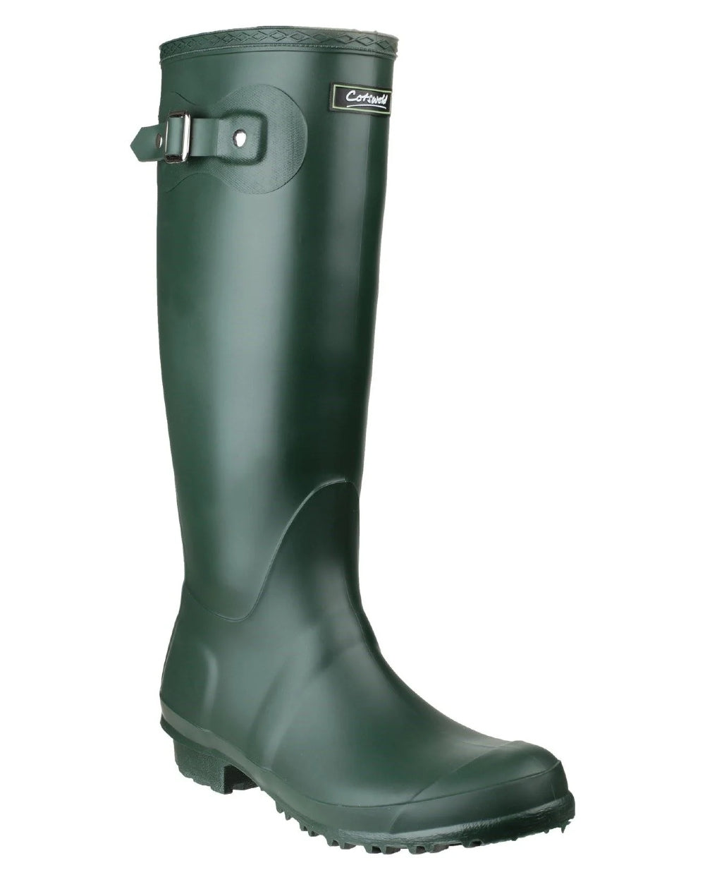 Green coloured Cotswold Sandringham Buckle Strap Wellingtons on white background 