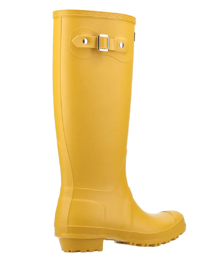 Mustard coloured Cotswold Sandringham Buckle Strap Wellingtons on white background 