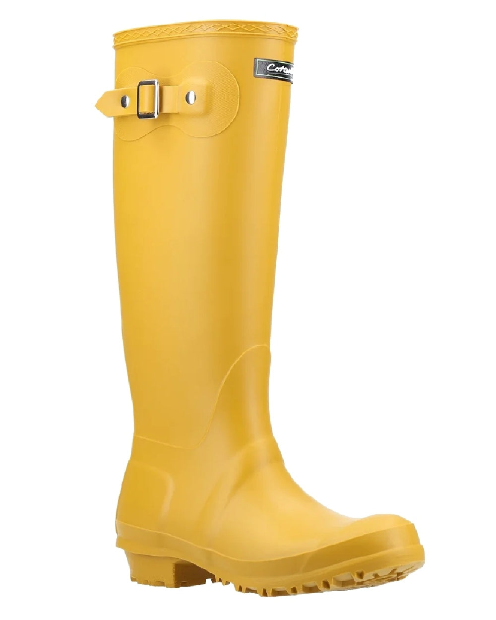 Mustard coloured Cotswold Sandringham Buckle Strap Wellingtons on white background 