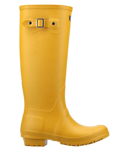 Mustard coloured Cotswold Sandringham Buckle Strap Wellingtons on white background 