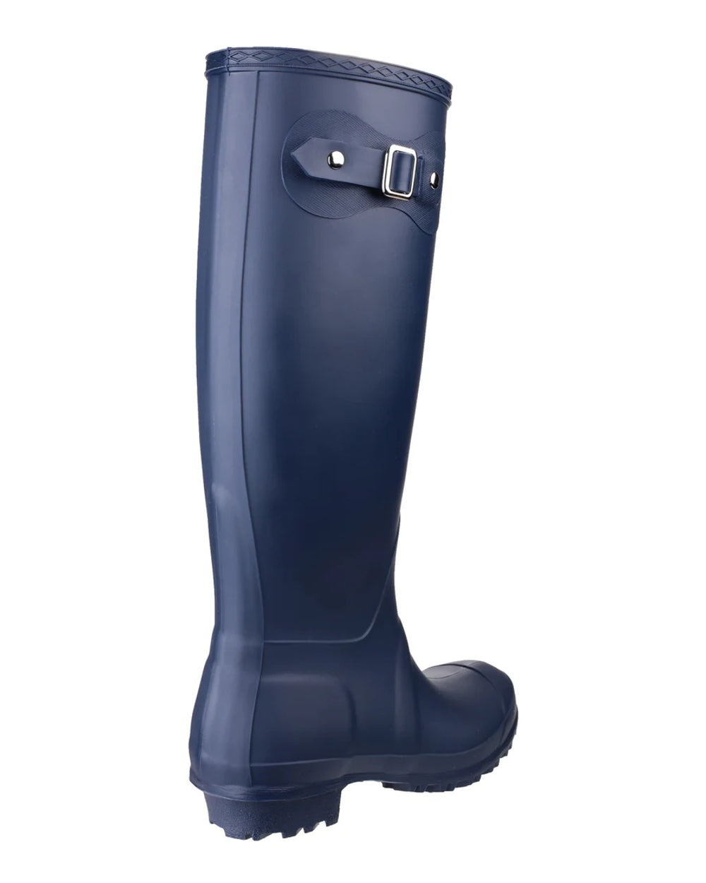 Navy coloured Cotswold Sandringham Buckle Strap Wellingtons on white background 