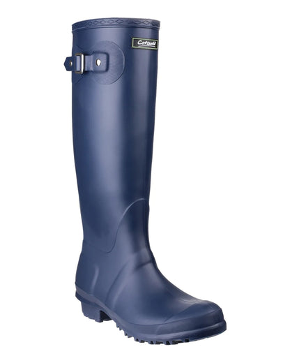 Navy coloured Cotswold Sandringham Buckle Strap Wellingtons on white background 