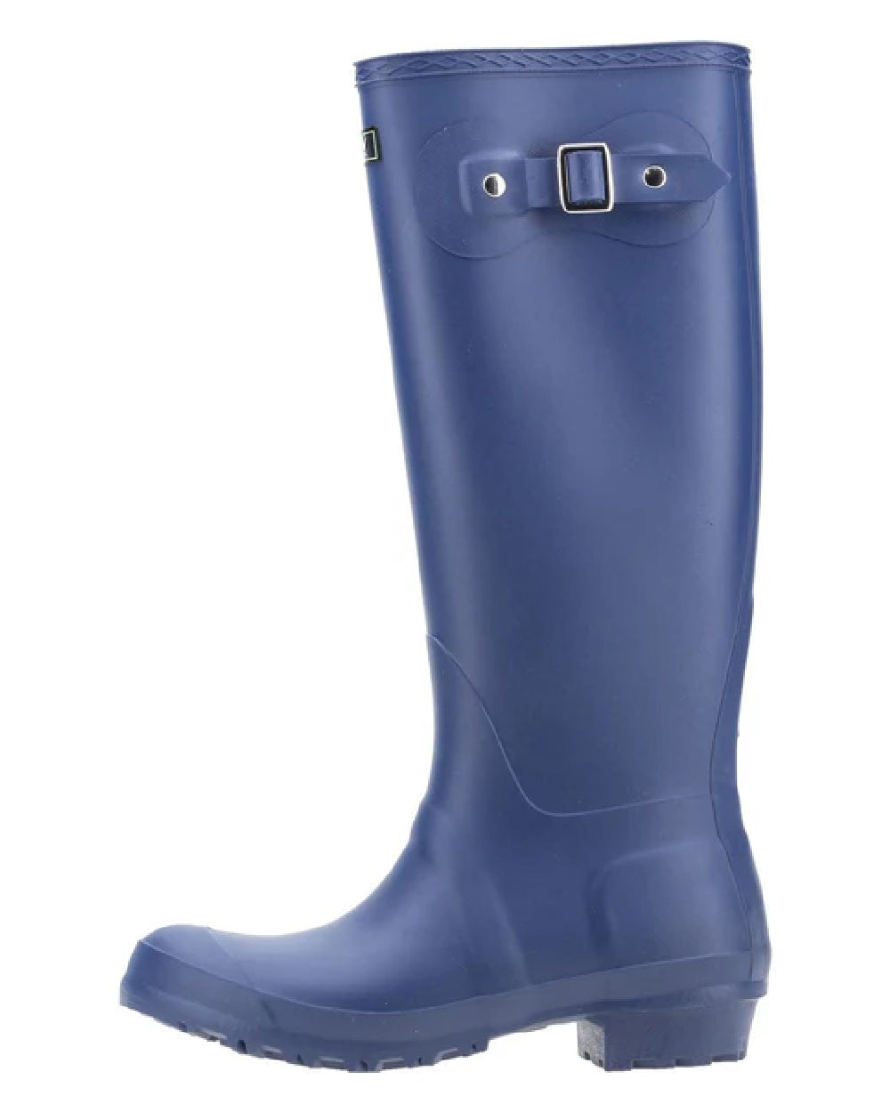 Navy coloured Cotswold Sandringham Buckle Strap Wellingtons on white background 