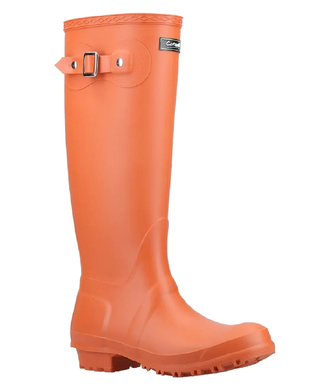 Pumpkin coloured Cotswold Sandringham Buckle Strap Wellingtons on white background 