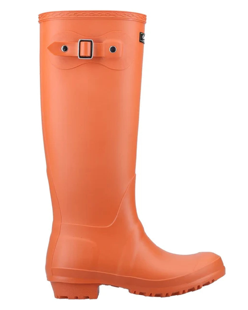 Pumpkin coloured Cotswold Sandringham Buckle Strap Wellingtons on white background 