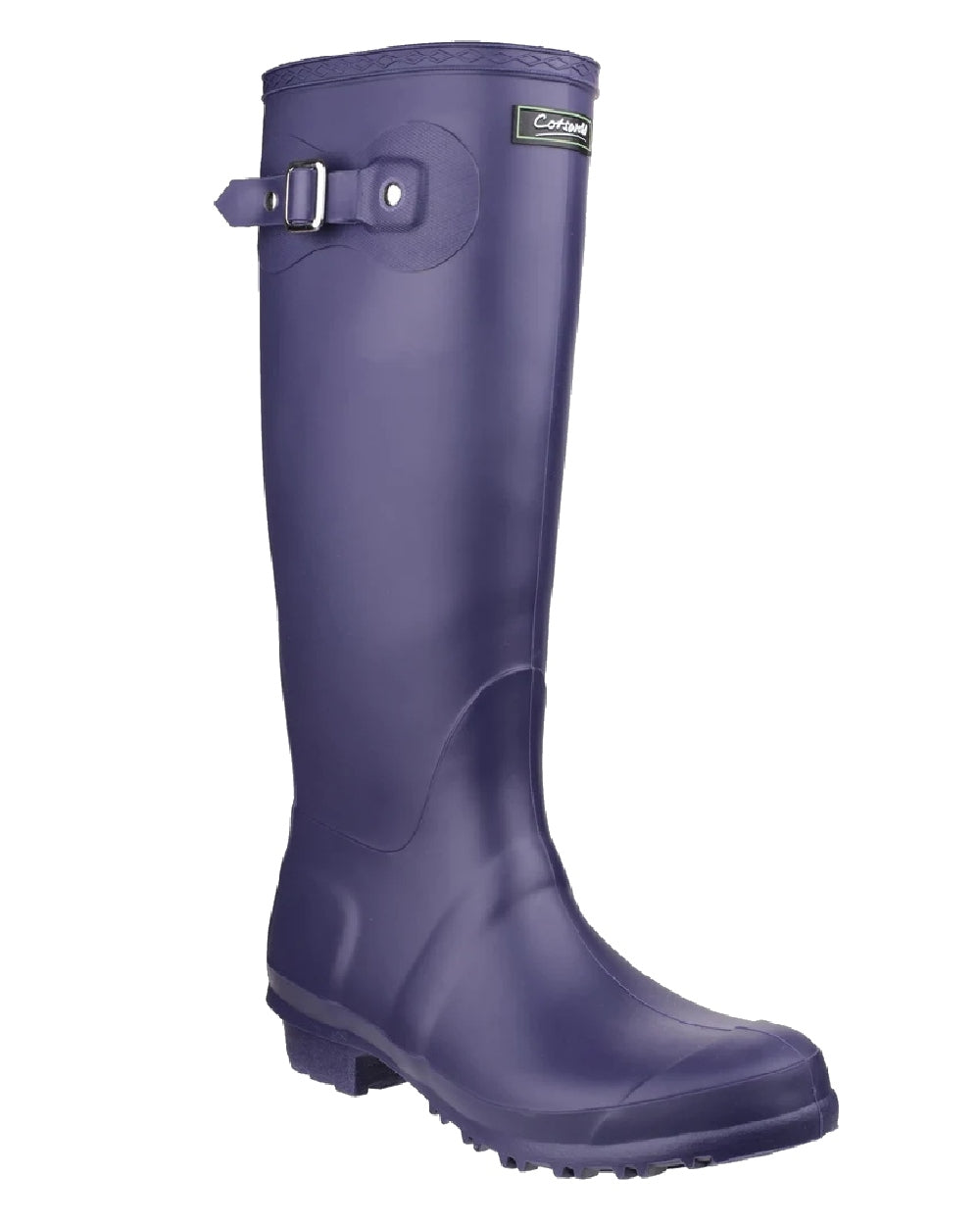 Purple coloured Cotswold Sandringham Buckle Strap Wellingtons on white background 