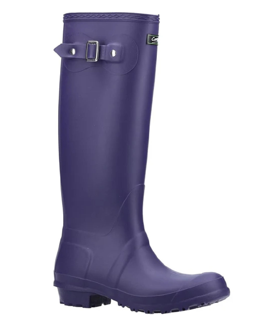 Purple coloured Cotswold Sandringham Buckle Strap Wellingtons on white background 