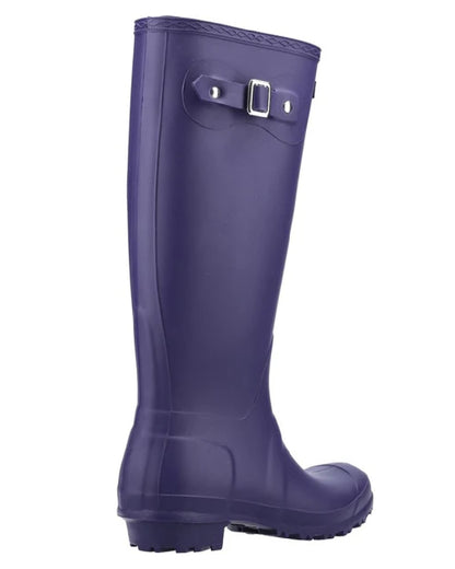 Purple coloured Cotswold Sandringham Buckle Strap Wellingtons on white background 