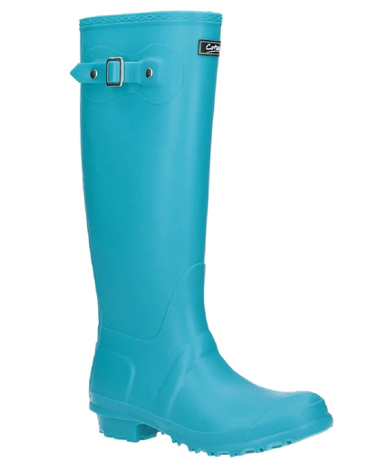 Turquoise coloured Cotswold Sandringham Buckle Strap Wellingtons on white background 