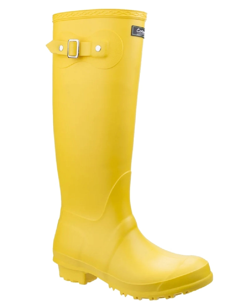 Yellow coloured Cotswold Sandringham Buckle Strap Wellingtons on white background 