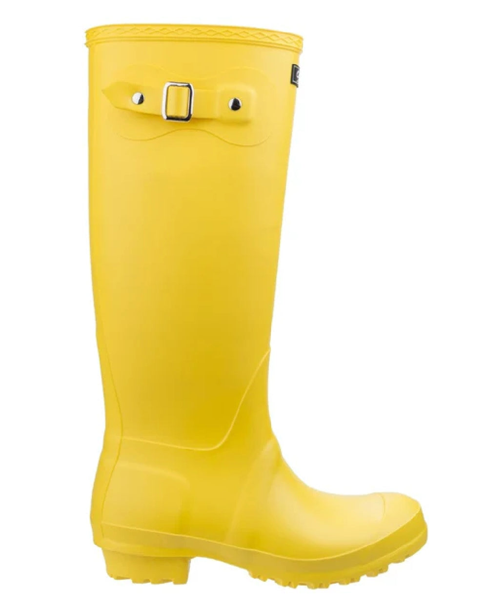 Yellow coloured Cotswold Sandringham Buckle Strap Wellingtons on white background 