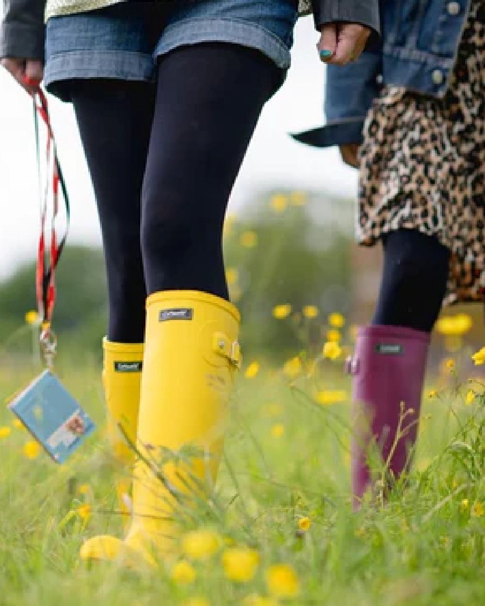 Yellow coloured Cotswold Sandringham Buckle Strap Wellingtons on grassy background 