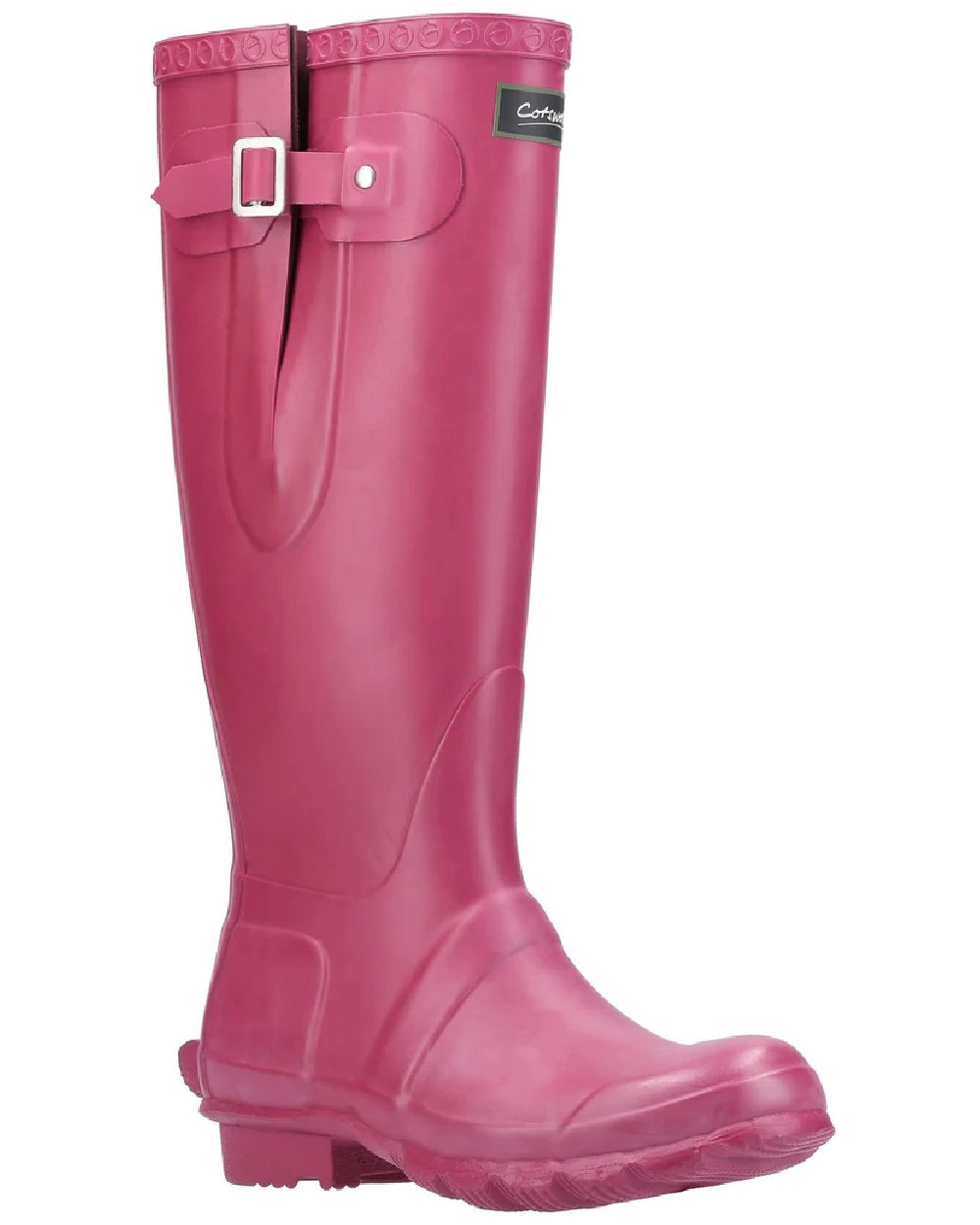 Berry coloured Cotswold Windsor Buckle Strap Rubber Wellingtons on white background 