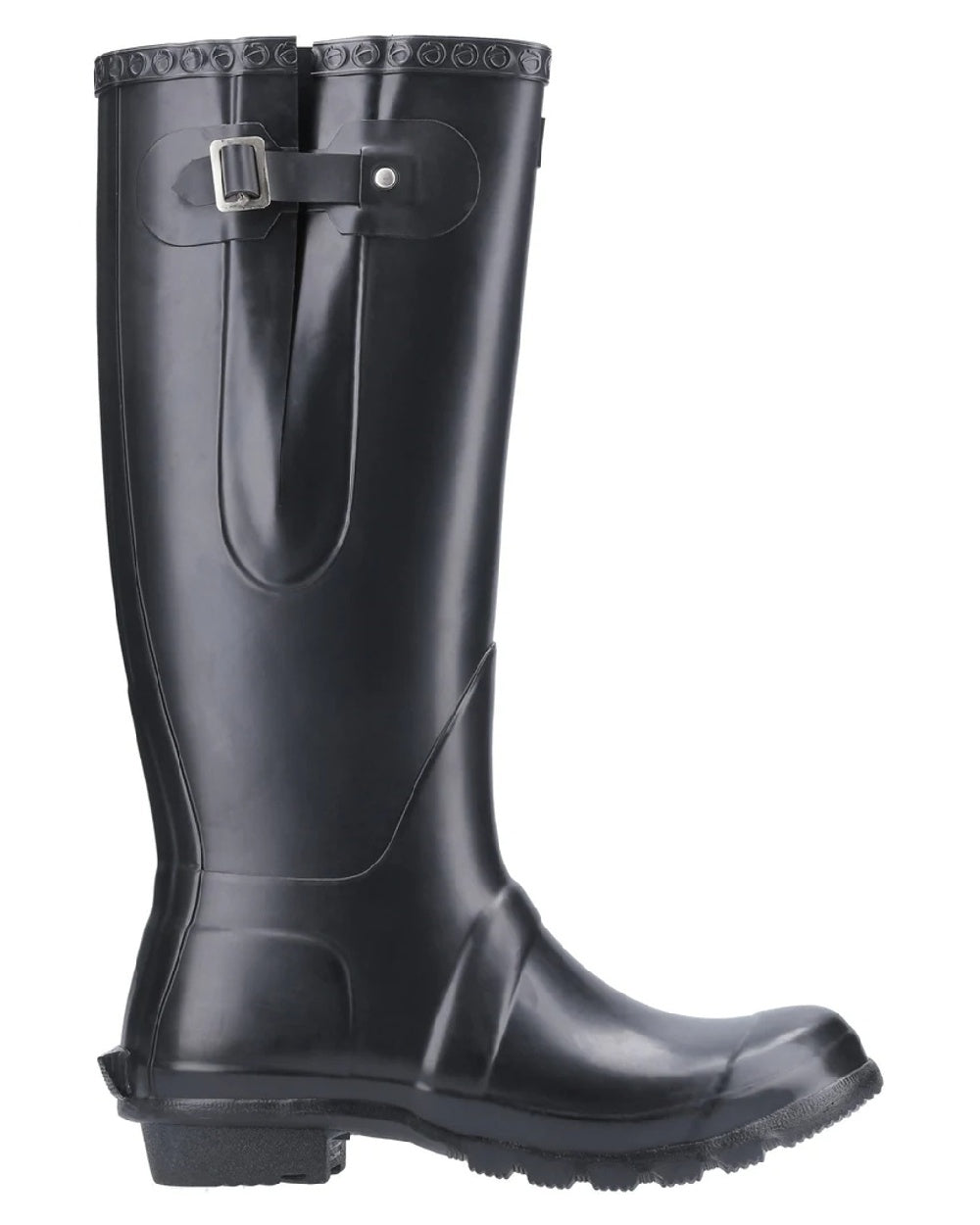 Black coloured Cotswold Windsor Buckle Strap Rubber Wellingtons on white background 