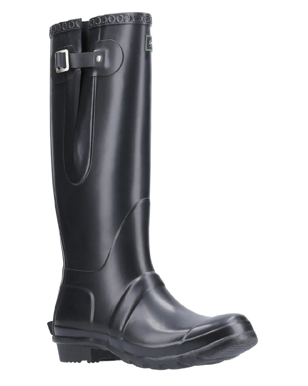 Black coloured Cotswold Windsor Buckle Strap Rubber Wellingtons on white background 