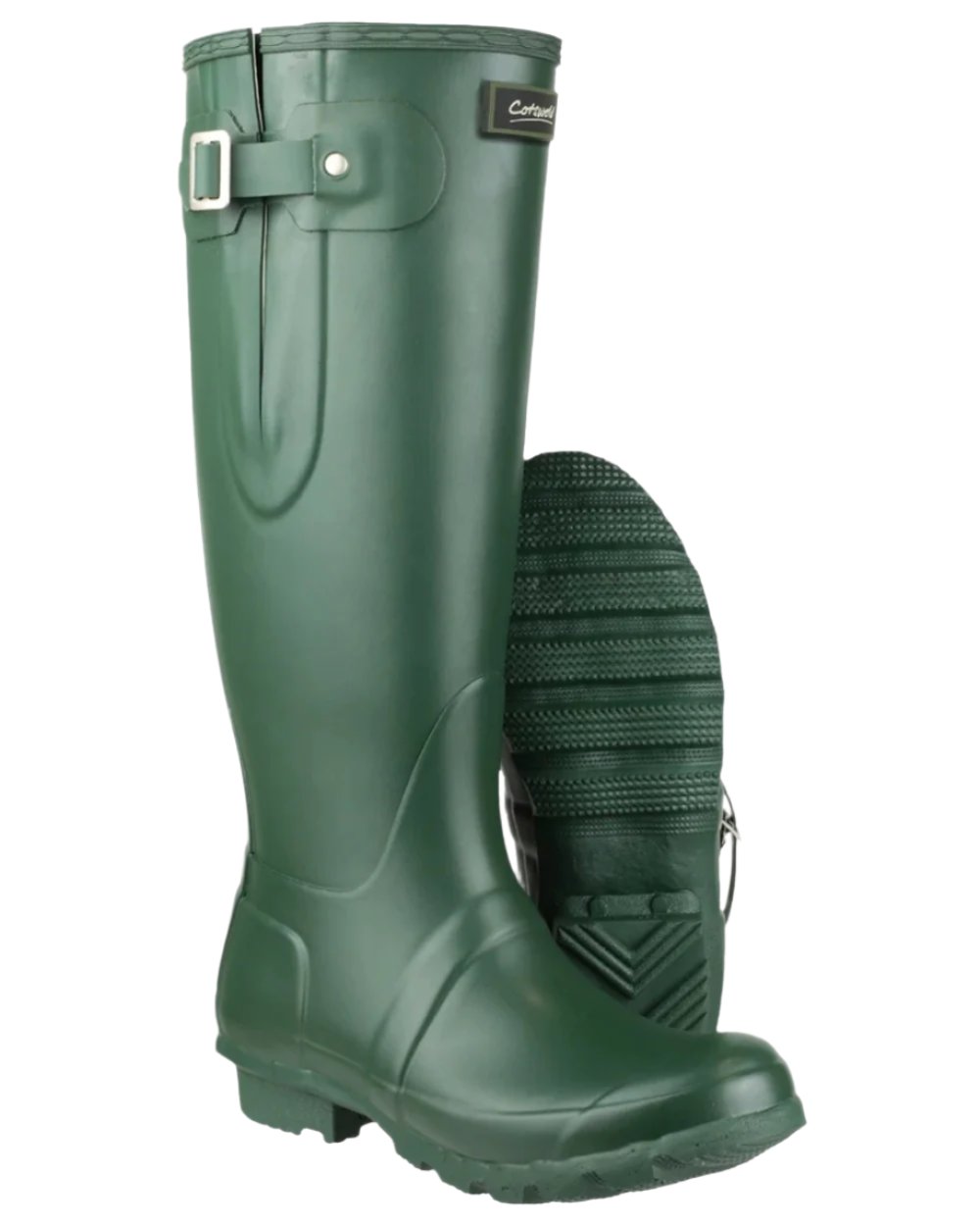 Green coloured Cotswold Windsor Buckle Strap Rubber Wellingtons on white background 