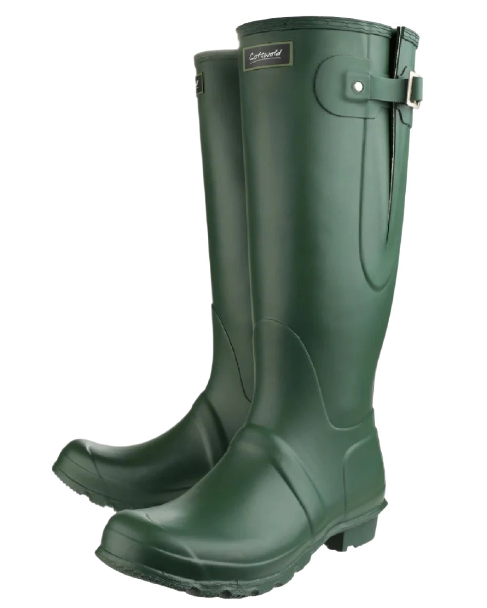 Green coloured Cotswold Windsor Buckle Strap Rubber Wellingtons on white background 