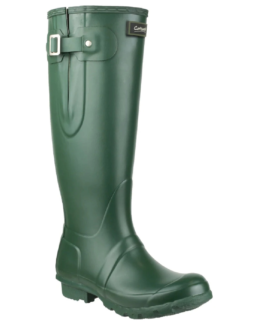 Green coloured Cotswold Windsor Buckle Strap Rubber Wellingtons on white background 