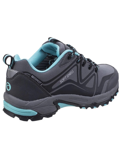 Grey/Black/Aqua coloured Cotswold Womens Abbeydale Low Hiking Shoes on white background 