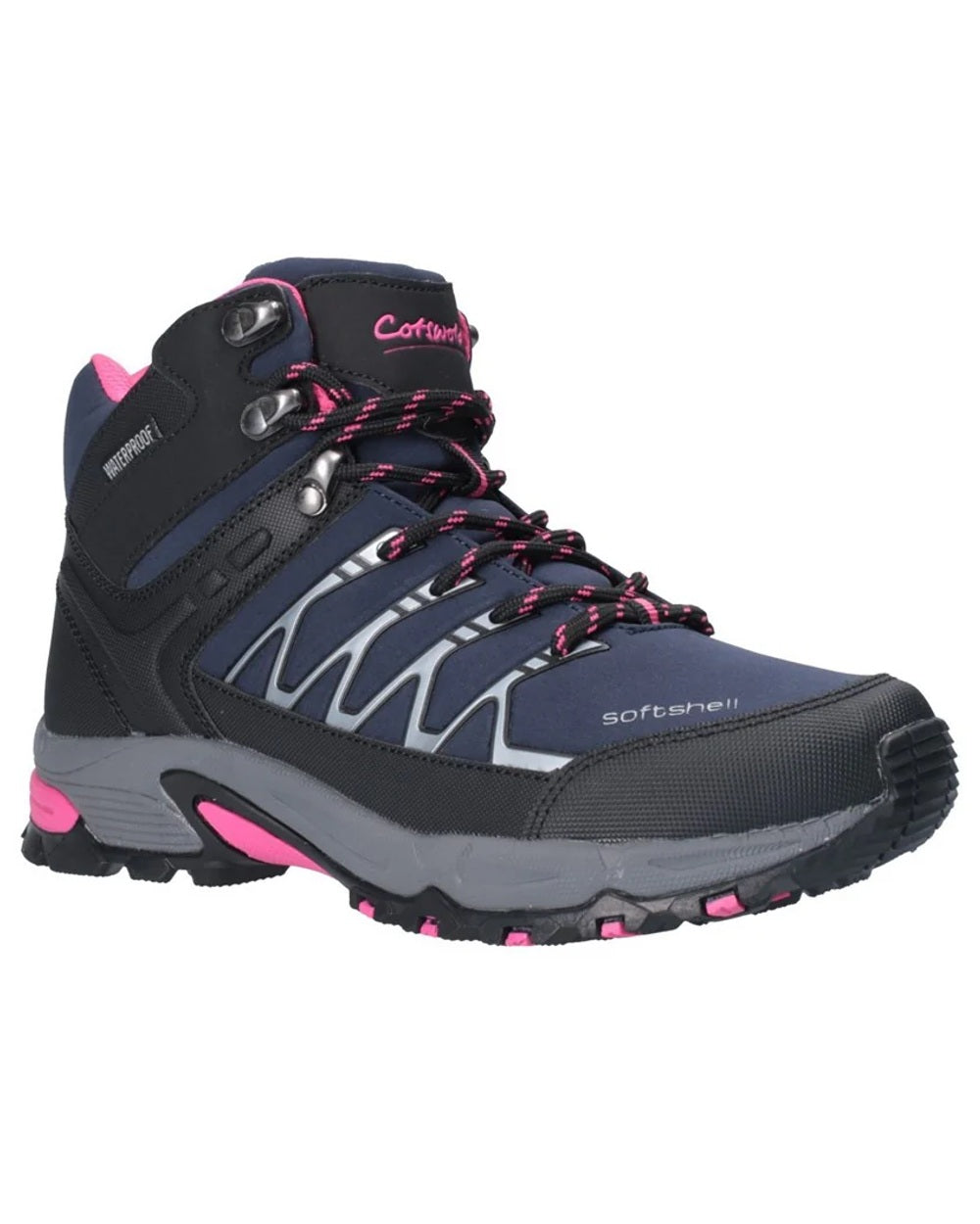 Black/Fuchsia coloured Cotswold Womens Abbeydale Mid Hiking Boots on white background 