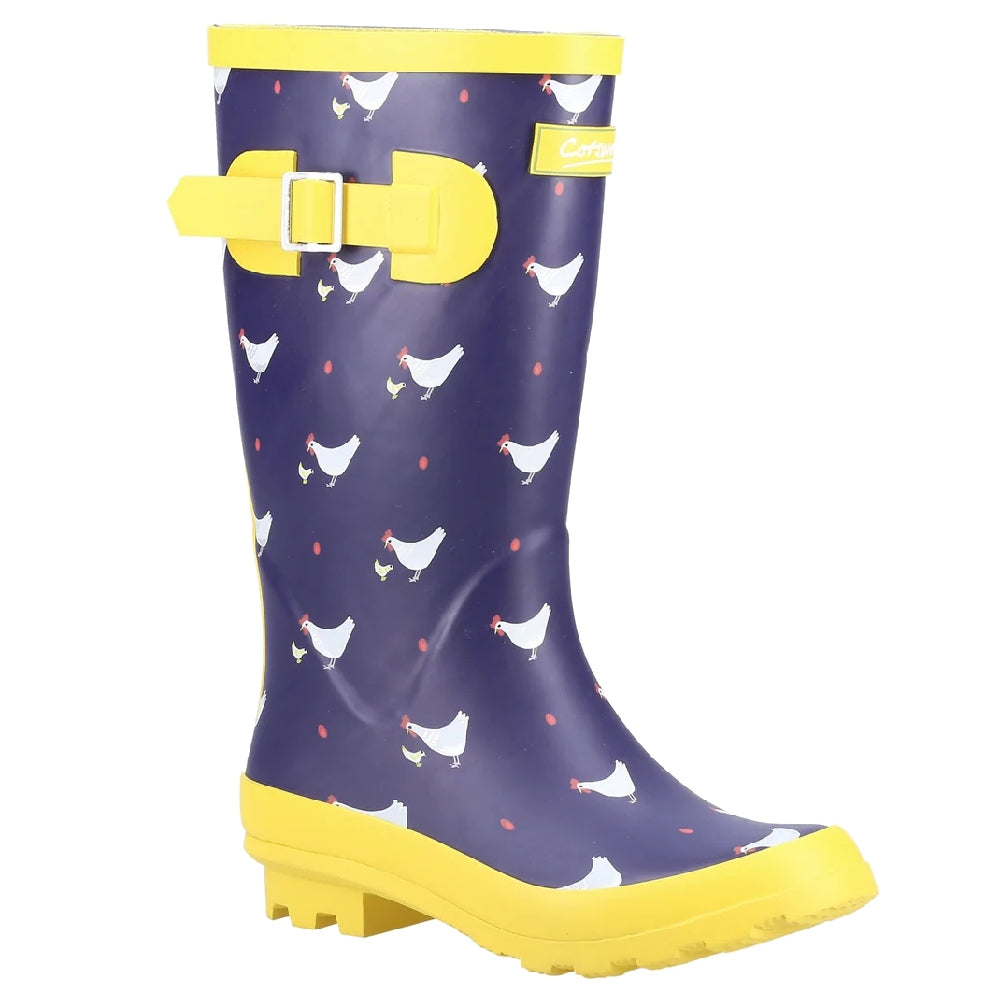 Cotswold Childrens Farmyard Wellington Boots in Chick Print Navy 