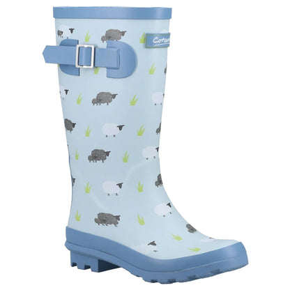 Cotswold Childrens Farmyard Wellington Boots in Sheep Print Blue 
